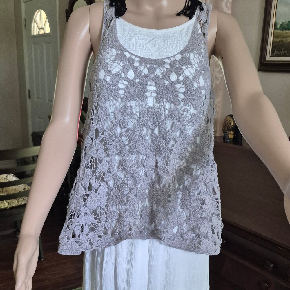 Gray tank for layering, Boho crochet S/M